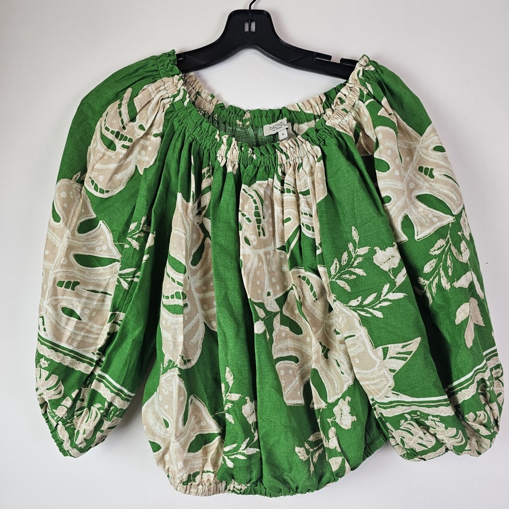 Rachel Zoe Linen Blend Off Shoulder Crop Top Green Tropical Puff Sleeve Small